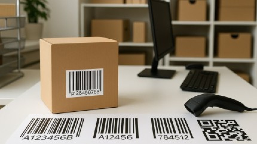 Kartonová krabice se štítkem s čárovým kódem na stole ve skladu. Vedle leží skener kódů a v pozadí je vidět monitor a regály s balíčky.