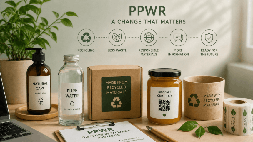 Kompozice zobrazující ekologické obaly a produkty na dřevěném stole, s centrálním nápisem "PPWR - A CHANGE THAT MATTERS". Kolem jsou lahve, sklenice a krabice z recyklovaných materiálů a nad nimi ikony symbolizující recyklaci, méně odpadu a odpovědné materiály.