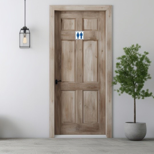 Dveře toalety se značkou panáčka a panenky. Vedle dveří je vysoká rostlina a na druhé straně závěsná lampa
