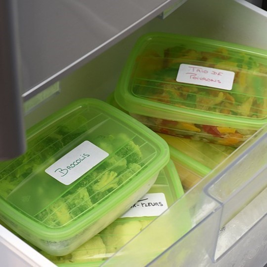 Zelené plastové krabičky s ručně psanými nálepkami vložené do mrazáku