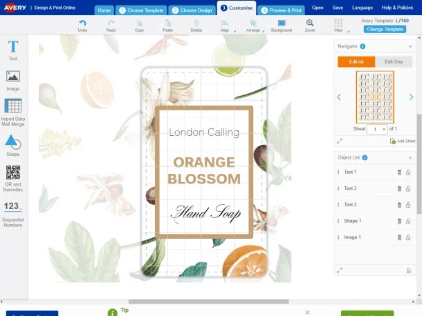 Pracovní rozhraní softwaru Design & Print - návrh etikety