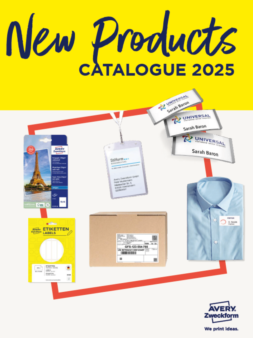 Avery Zweckform katalog novinek 2025 s ukázkou produktů jako jsou jmenovky, zásilkové etikety a foto papír