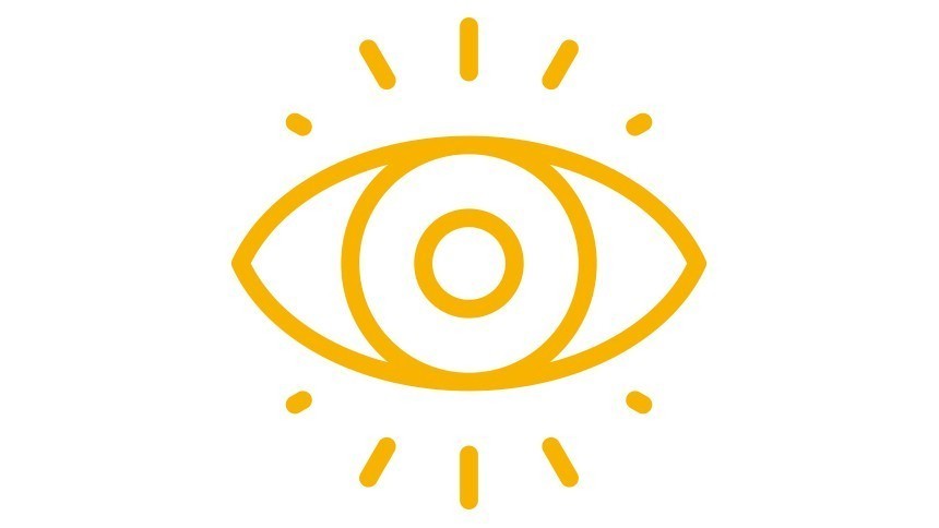 Žlutá ikona oka nakreslená obrysem, s kruhem uprostřed a paprsky kolem, naznačující vidění nebo pozornost.
