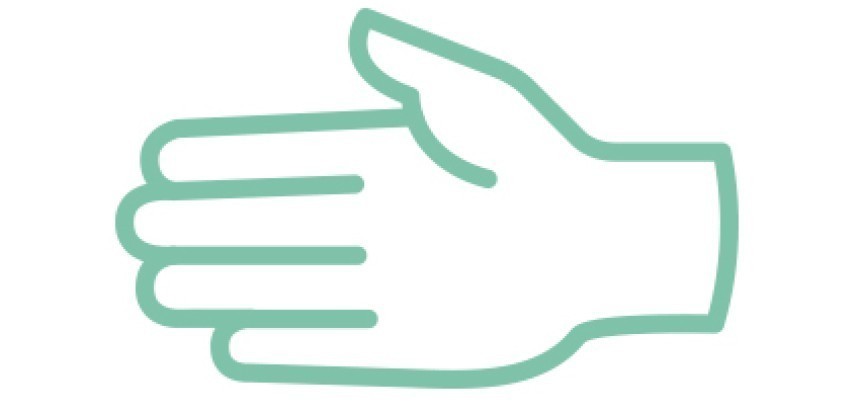 Turquoise icon of an open palm facing right, drawn with a simple outline.