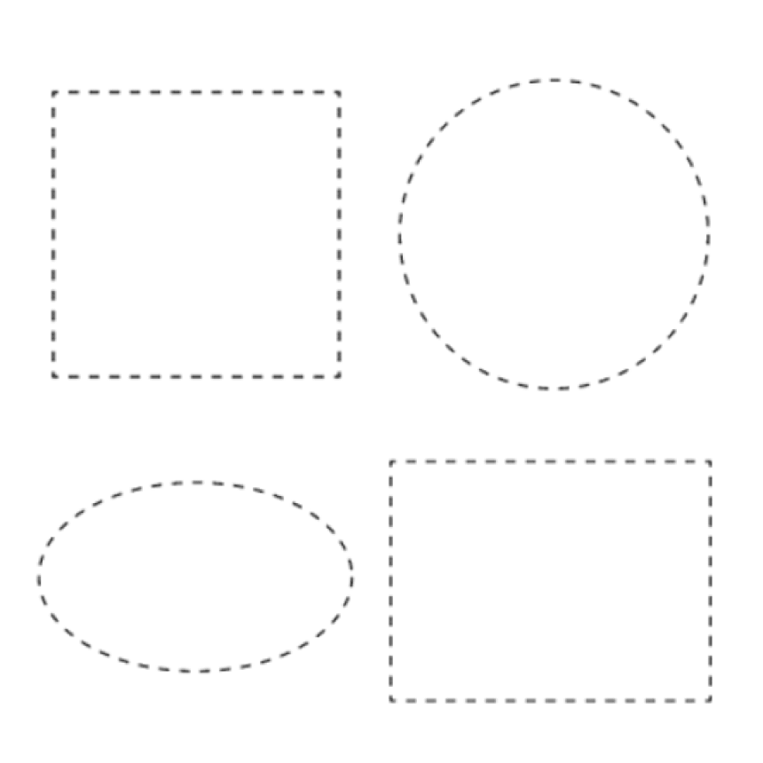 Grafika se čtyřmi přerušovanými obrysy znázorňujícími základní tvary etiket: čtverec, kruh, ovál a obdélník