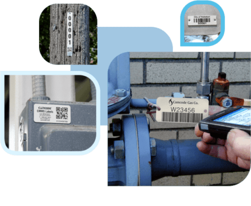 Koláž fotografií znázorňující použití štítků s čárovými a QR kódy pro označování majetku, např. na sloupu elektrického vedení, měřiči a průmyslovém potrubí.