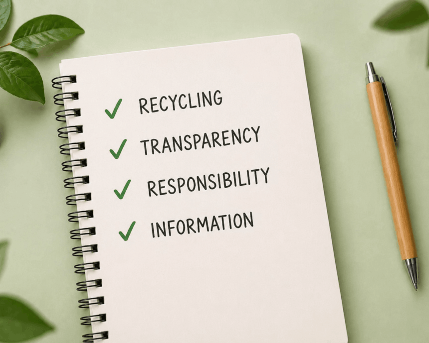 Otevřený zápisník s checklistem, na kterém jsou zelenými fajfkami označeny body: RECYCLING, TRANSPARENCY, RESPONSIBILITY, INFORMATION. Vedle leží propiska.