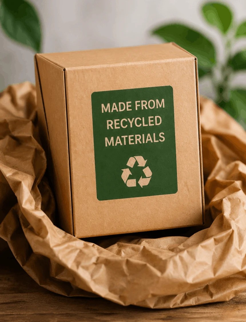 Kartonová krabice se zelenou etiketou s nápisem "MADE FROM RECYCLED MATERIALS" a symbolem recyklace. Krabice stojí na hnědém, pomačkaném papíře.