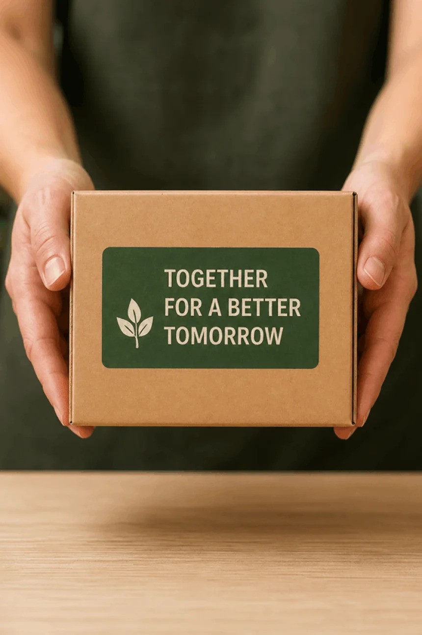 Ruce držící kartonovou krabici se zelenou nálepkou s nápisem "TOGETHER FOR A BETTER TOMORROW" a ikonou listu.