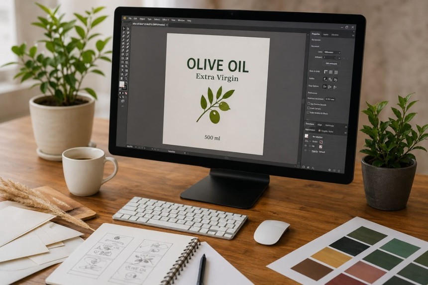 Stůl designéra s monitorem počítače, na kterém je vidět návrh etikety na olivový olej. Vedle leží náčrtky designu, klávesnice, myš a hrnek s kávou. V pozadí jsou vidět rostliny v květináčích.