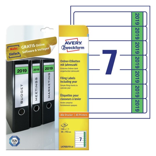 Etikety na pořadače, s letopočtem L4760J19-20 Bližší specifikace: Počet etiket: 140 / Počet archů: 20