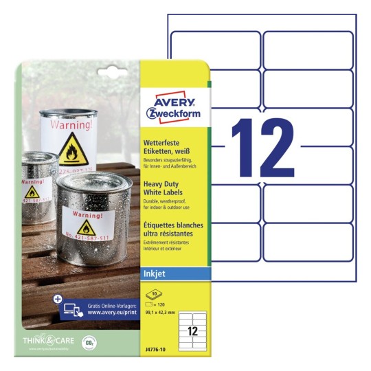 Velmi odolné etikety J4776-10 Bližší specifikace: Počet etiket: 120 / Počet archů: 10