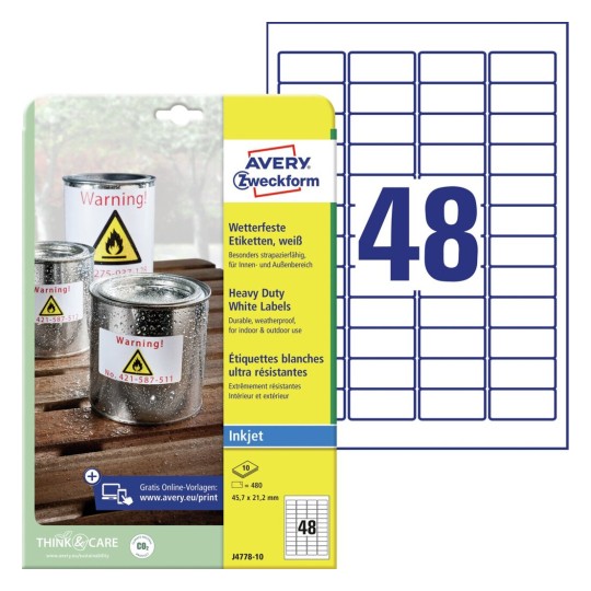 Velmi odolné etikety J4778-10 Bližší specifikace: Počet etiket: 480 / Počet archů: 10