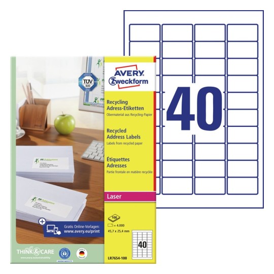 Adresní etikety, recyklované LR7654-100 Bližší specifikace: Počet etiket: 4.000 / Počet archů: 100