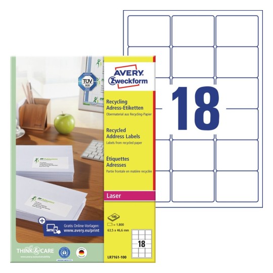 Adresní etikety, recyklované LR7161-100 Bližší specifikace: Počet etiket: 1.800 / Počet archů: 100