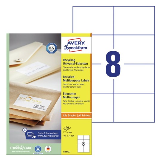 Univerzální etikety, recyklované LR3427 Bližší specifikace: Počet etiket: 800 / Počet archů: 100