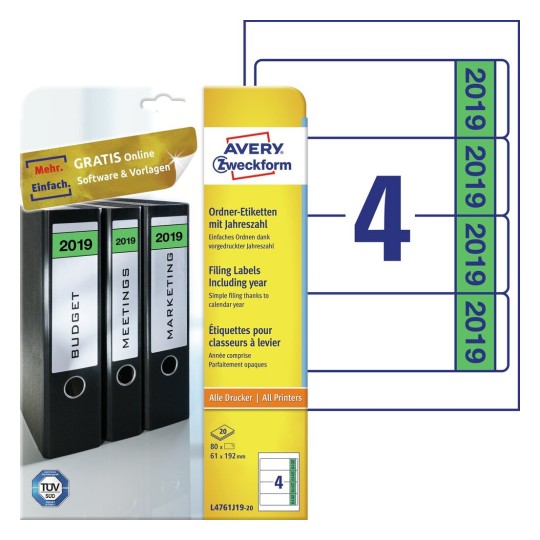 Etikety na pořadače, s letopočtem L4761J19-20 Bližší specifikace: Počet etiket: 80 / Počet archů: 20