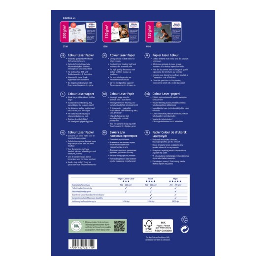 Obrázek zobrazuje informace o produktu Barevný laserový papír v několika jazycích, uvádí specifikace, doporučení pro tisk a zákaznickou podporu pro různé typy papíru.