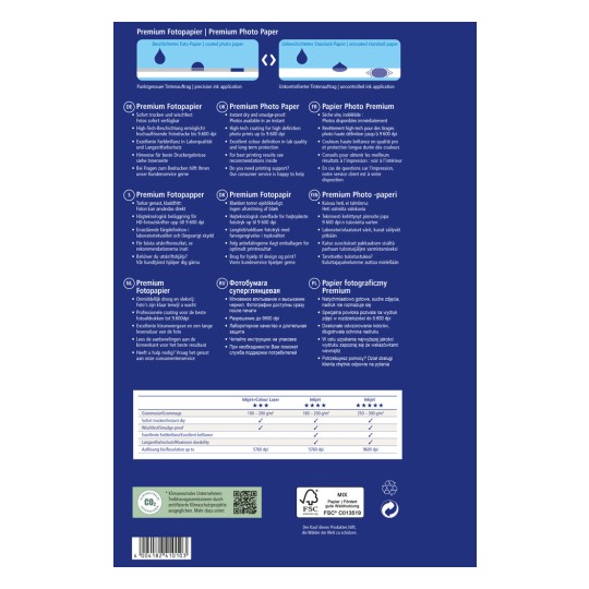 Obrázek je ilustrací různých jazyků popisujících Premiérový Fotopapír, jeho vlastnosti a doporučení pro nejlepší výsledky tisku. Uvádí specifikace, výhody a informace o zákaznické podpoře.