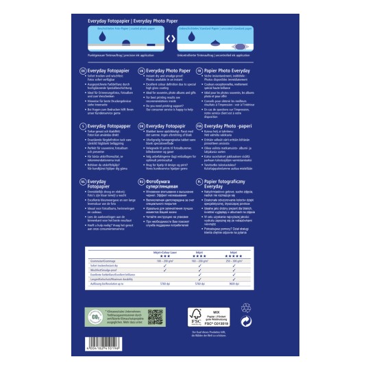 Obrázek zobrazuje informace o Everyday Photo Paper, včetně jeho vlastností, doporučení pro tisk a specifikací v několika jazycích.