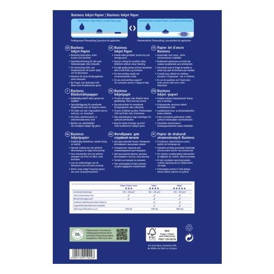 Obrázek zobrazuje návrh obalu pro Business Inkjet Paper, podrobně popisuje jeho vlastnosti, aplikace a specifikace v několika jazycích jako němčina, angličtina, francouzština, holandština, ruština a polština. Obsahuje funkce jako okamžité schnutí, odolnost proti rozmazání a doporučení pro nejlepší výsledky tisku.