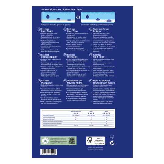 Obrázek je informační list produktu pro komerční inkoustový papír, který uvádí specifikace v různých jazycích včetně němčiny, angličtiny, francouzštiny, dánštiny, finštiny, holandštiny, ruštiny a polštiny. Obsahuje informace o kvalitě tisku, vlastnostech a možnostech zákaznické podpory, spolu s tabulkou porovnávající různé typy inkoustového papíru.