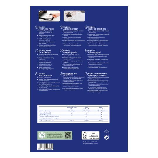 Obrázek zobrazuje různé typy kancelářského papíru, popisuje vlastnosti, použití a specifikace v několika jazycích.