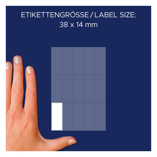 Porovnání velikosti s rukou, Článek: 3076, list víceúčelových etiket, formát: 38 x 14 mm, barva: bílá.