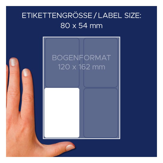 Obrázek zobrazuje arch štítků s uvedenými rozměry, včetně ruky pro měřítko. Velikost štítku je 80 x 54 mm a celková velikost archu je 120 x 162 mm.