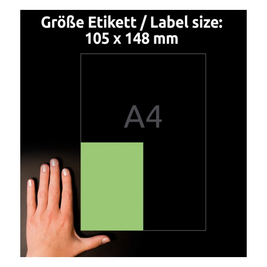 Obrázek zobrazuje papír formátu A4 s rukou vedle něj pro porovnání velikosti. Je zde zelený obdélník označující velikost štítku 105 x 148 mm, který kontrastuje s tmavým pozadím.