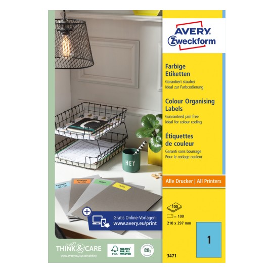 Obrázek balení: Avery Zweckform Barevné etikety, permanentně lepivé, Číslo položky: 3471, Formát: 210 x 297 mm, Vhodné pro tiskárny: inkoustové, laserové čb, barevné laserové, Obsah: 100 etiket / 100 archů, 1 etiketa/arch?