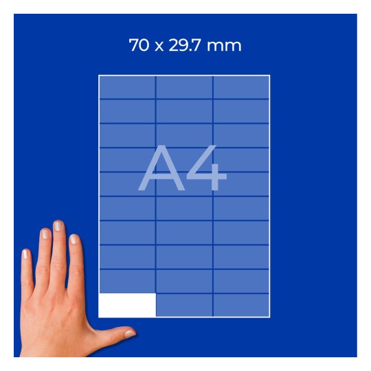 Ruka vedle modrého mřížkovaného listu A4 označeného 70 × 29,7 mm?