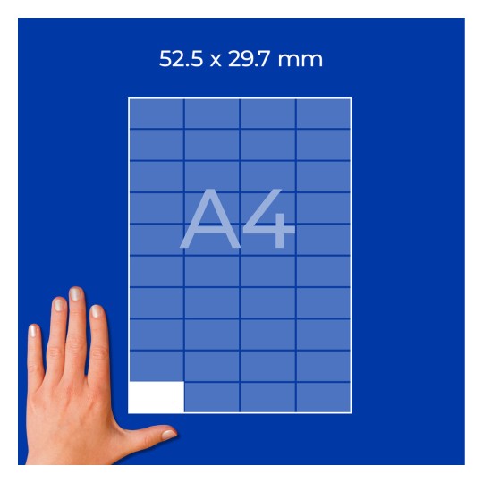 Ruka vedle diagramu na mřížce formátu A4 s označením 52,5 × 29,7 mm na modrém pozadí?