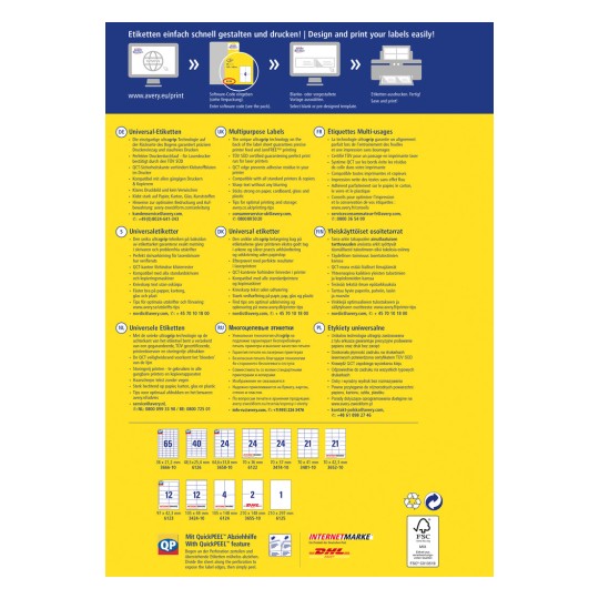 Obrázek je vícejazyčným průvodcem pro tisk štítků, který podrobně popisuje unikátní technologii a vlastnosti návrhu a tisku štítků. Obsahuje informace v různých jazycích, tipy na tisk, kontaktní údaje a specifikace pro různé velikosti štítků.