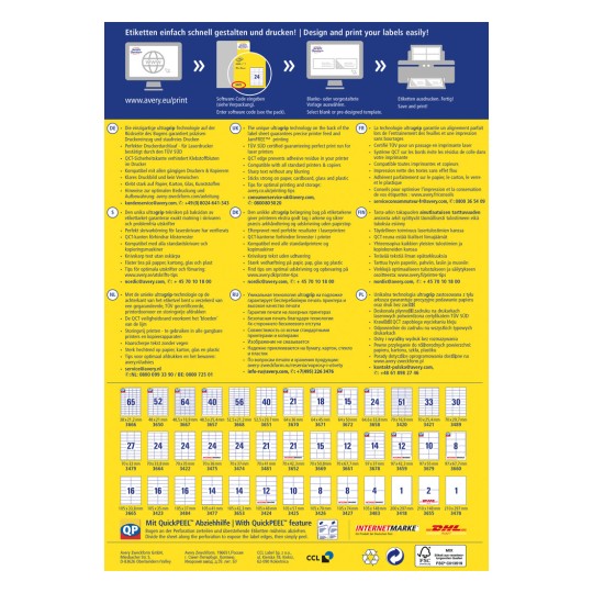 The image is a multilingual guide for designing and printing labels, detailing technology features, compatibility, and tips for optimal printing with reference to Avery products.
