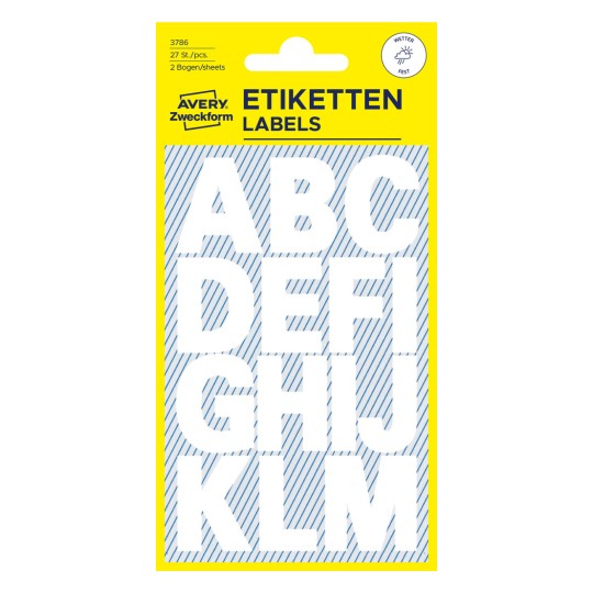 Balení ilustrace: Avery Zweckform Písmena a čísla, položka: 3786, formát: 85 x 160 mm, obsah: 28 samolepek / 2 archy, 14 samolepek/arch?