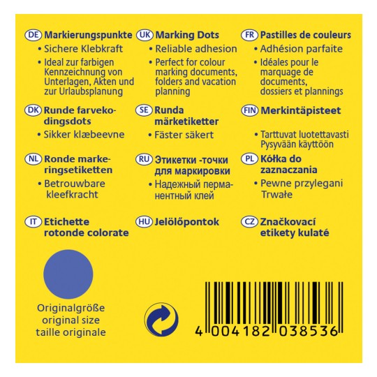 Obrázek ukazuje obal produktu s etiketami v různých jazycích, které popisují bodové značení a jejich využití, včetně spolehlivé přilnavosti pro barevné značení dokumentů.