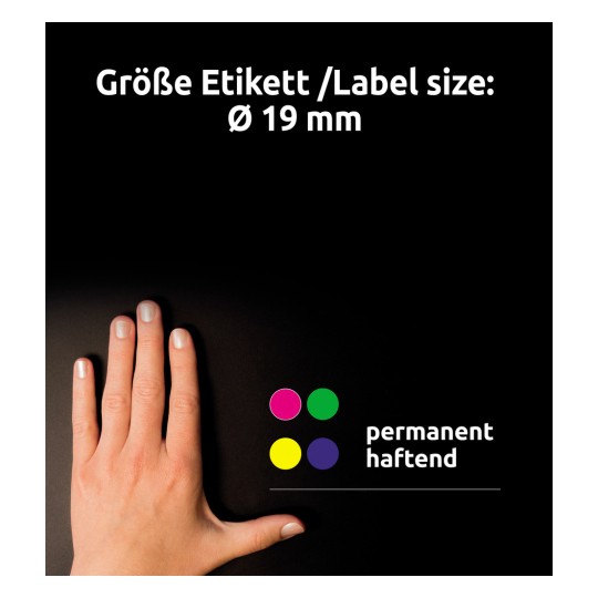 Obrázek ukazuje ruku s nataženými prsty na černém pozadí, spolu s textem, který říká 'Größe Etikett /Label size: Ø 19 mm' a čtyři barevné kruhy představující štítky v zelené, růžové, žluté a fialové barvě s poznámkou slova 'permanent haftend'.