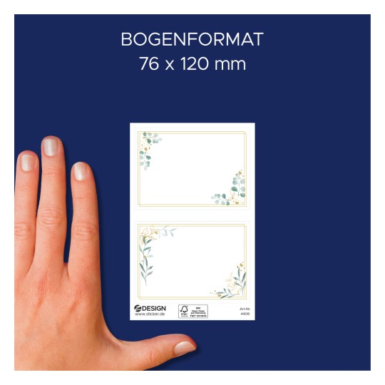 Porovnání velikosti s rukou, Článek: 4408, jeden list samolepek pro popisování, Formát: 85 x 160 mm, Barva: zlatá, zelená, bílá.