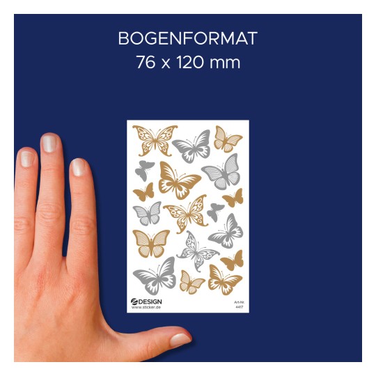 Porovnání velikosti s rukou, Článek: 4417, jeden list dekoračních nálepek, Formát: 85 x 160 mm, Barva: transparentní, zlatá, stříbrná?