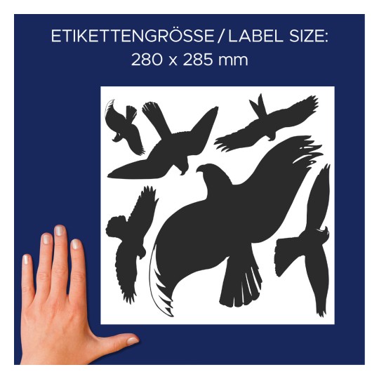 Obrázek zobrazuje siluety různých ptáků v letu na tmavě modrém pozadí. Text uvádí velikost etikety jako 280 x 285 mm, s lidskou rukou zobrazenou pro poskytnutí měřítka.