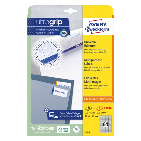 Obrázek balení: Avery Zweckform univerzální etikety, permanentně lepící, artikl: 4785, formát: 48,5 x 16,9 mm, tisková vhodnost: Inkjet, laser černobílý, barevný laser, obsah: 1 920 etiket / 30 listů, 64 etiket/list.