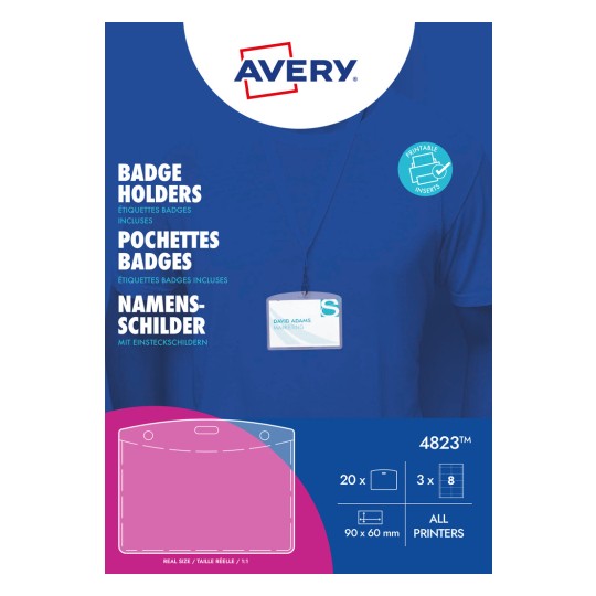 Obrázek ukazuje držák na jmenovku od Avery, který obsahuje informace o produktu jako 'Držáky na jmenovky', rozměry a příklad jmenovky. Je navržen pro všechny tiskárny.