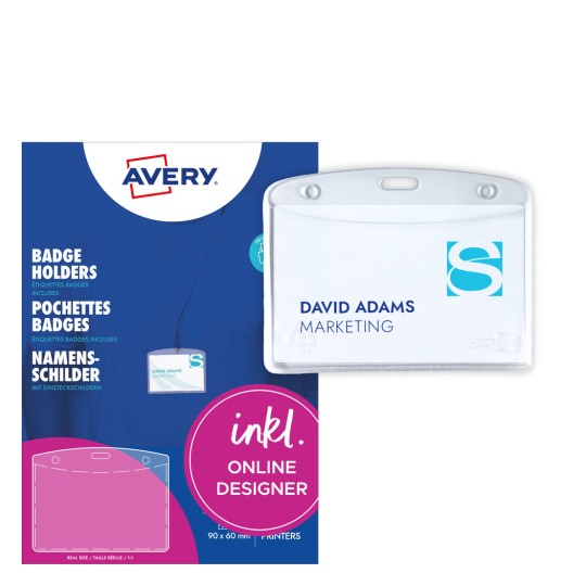 Obrázek zobrazuje držáky na jmenovku s informacemi o 'Davidu Adamsovi' v oblasti marketingu, doplněné o pozadí výrobní řady Avery.