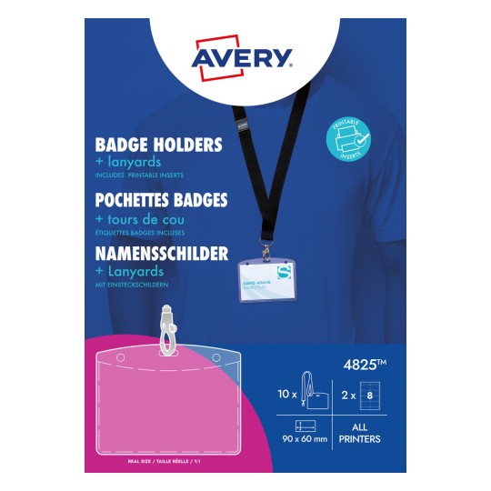 Obrázek balení: Avery Zweckform, článek: 4825, formát: 90 x 60 mm, vhodnost pro tiskárny: inkoustové, barevné laserové, černobílé laserové, kopírky, obsah: 10 jmenovek / 16 vložek / 2 listy, /list?