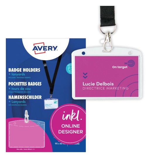 Balení s kartonovým arch: Avery Zweckform kapsy na jmenovky s lanyardem, Článek: 4825, Formát: 90 x 60 mm, Tiskové vlastnosti: Inkoustová tiskárna, barevný laser, černobílý laser, kopírka, Obsah: 10 jmenovek / 16 vložek / 2 archy.