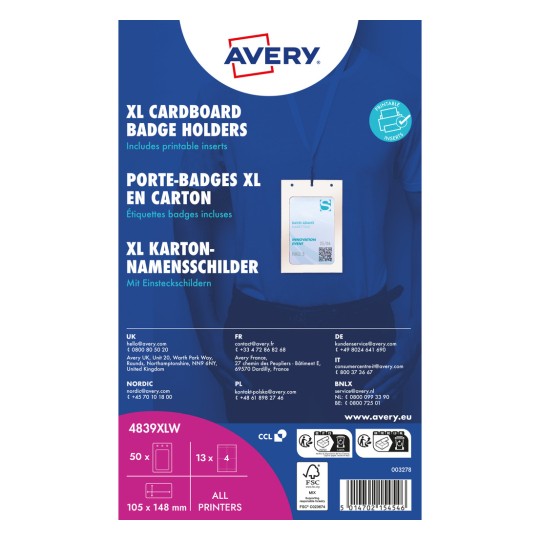 Přední strana balení držáků na kartonové visačky Avery XL se šňůrkou na krk a vzorovou visačkou?