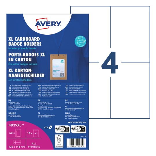 Obrázek balení s kartonovým archem: Avery Zweckform velké pouzdra na jmenovky, článek: 4839XL, formát: 105 x 148 mm, vhodné pro tiskárny: laser černobílý, barevný laser, inkoustový, laser, obsah: 50 jmenovek / 52 štítků / 13 archů, /arch?