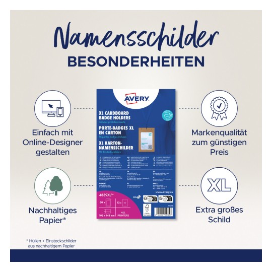 Obrázek zobrazuje obal na produkt XL plastových držáků na jmenovky od Avery, zdůrazňuje vlastnosti jako snadnost online návrhu, udržitelnost, cenovou kvalitu a velikost.