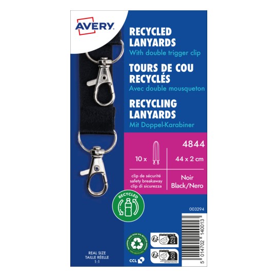 Obrázek zobrazuje balení pro recyklované šňůrky na krk od Avery. Zahrnuje podrobnosti jako velikost, barvu (černou) a vlastnosti jako dvojitý spouštěcí klip.